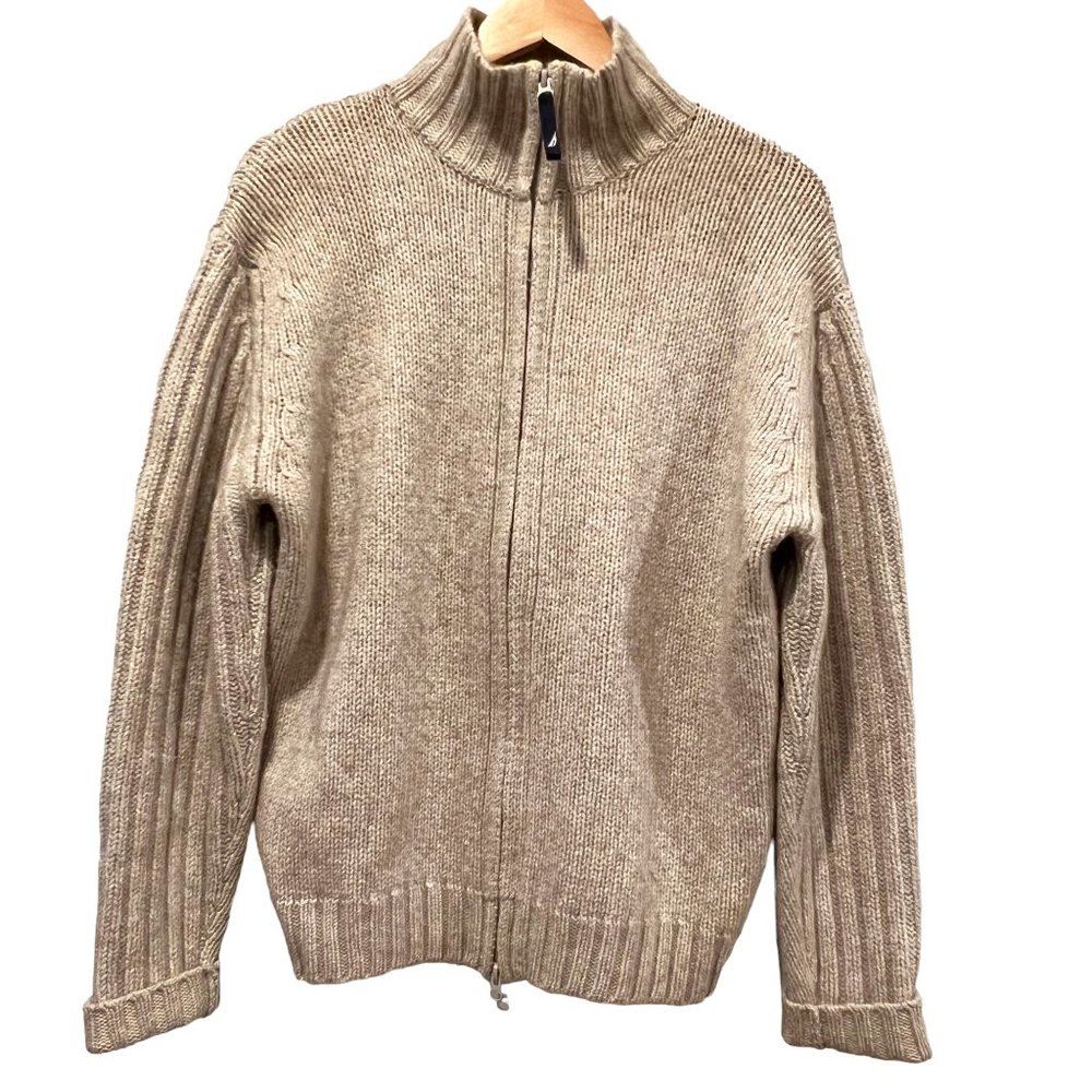 Nautica Men's Full Zip Sweater, Wool Blend, Heathered Tan, L